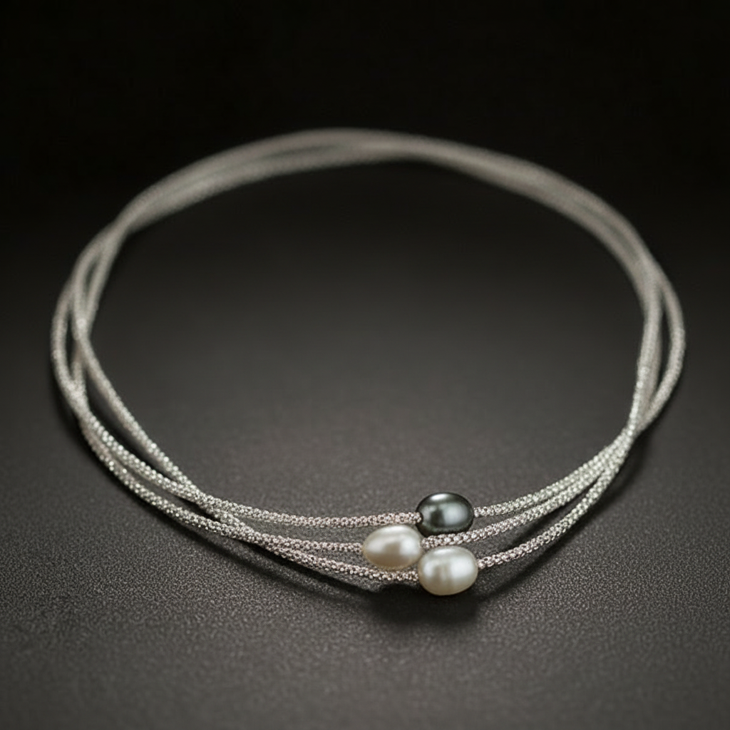 Elegant Necklace with Three Natural Pearls in Delicate Colors