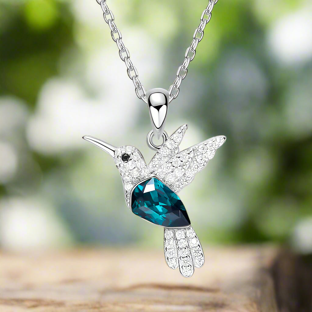 Sparkling Hummingbird Necklace with Blue Crystal and Cubic Zirconia