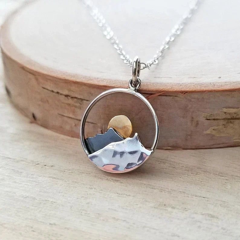 Mountain Landscape Necklace with Sun and Hammered Details