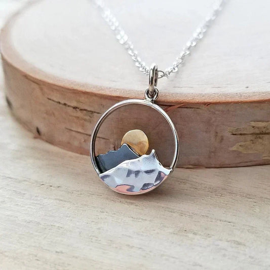 Mountain Landscape Necklace with Sun and Hammered Details