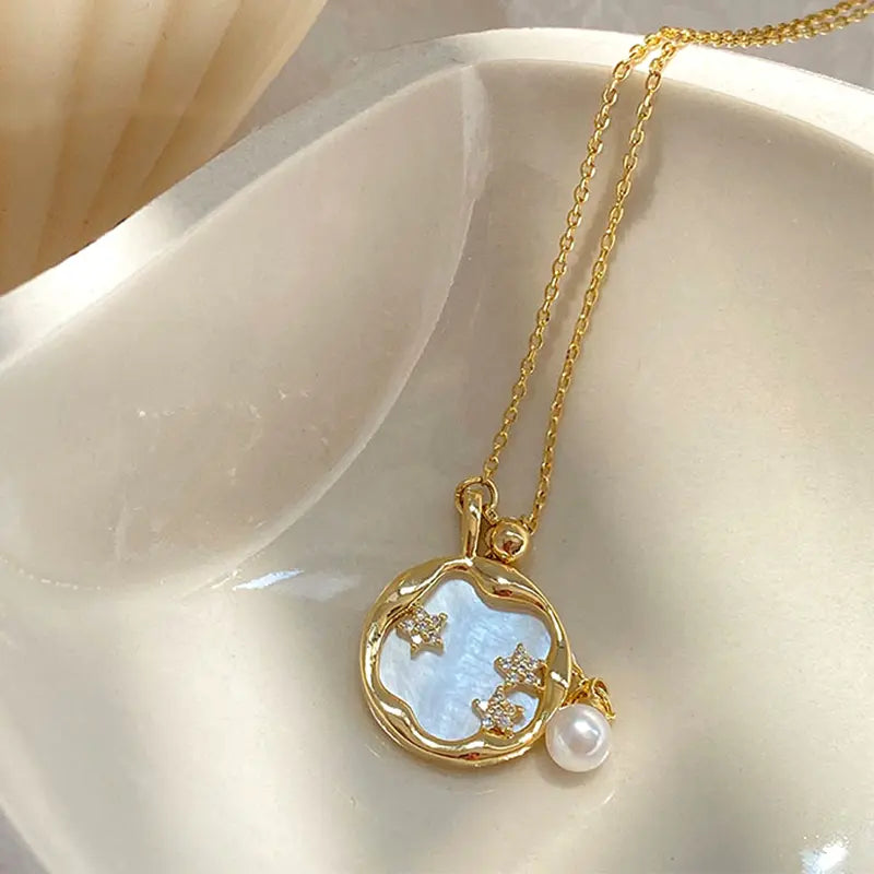 Elegant Moonstone Necklace with Pearls and Sparkling Stars