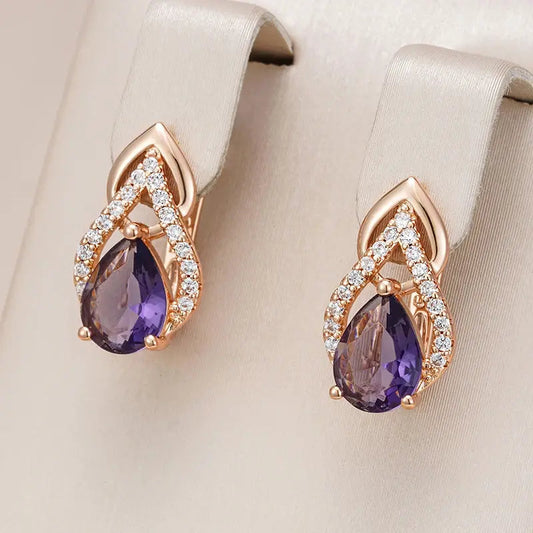 Elegant Rose Gold Earrings with Amethyst Drops and Cubic Zirconia