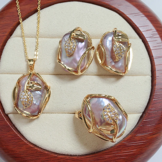 Freshwater Pearl Jewelry Set with Leaves and Cubic Zirconia