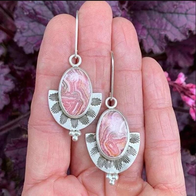 Tribal-Style Dangle Earrings with Vintage Pink Agate Gemstones