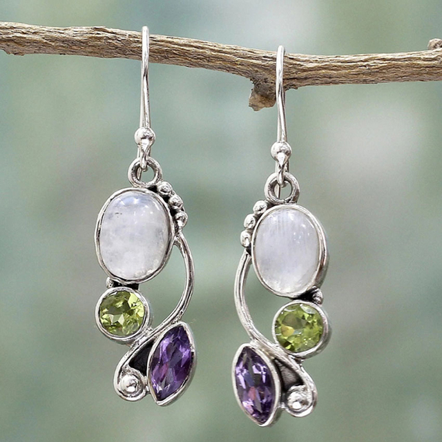 Vintage-style earrings with moonstone, peridot and amethyst