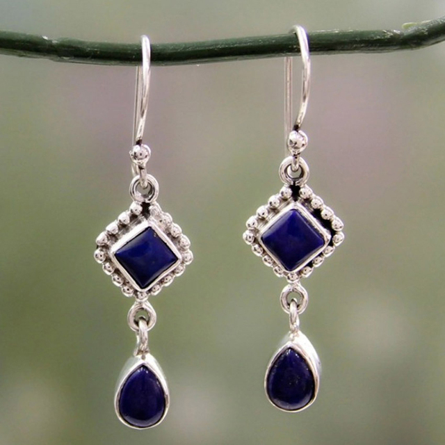 Blue Lapis Lazuli Dangle Earrings with Diamond-Style Gemstones