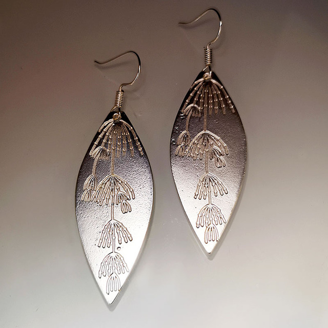 Leaf-shaped earrings featuring a delicate dandelion and dandelion seed design
