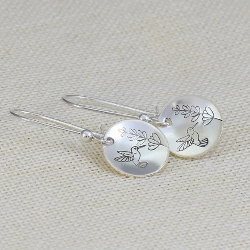 Engraved Hummingbird Branch Dangle Earrings