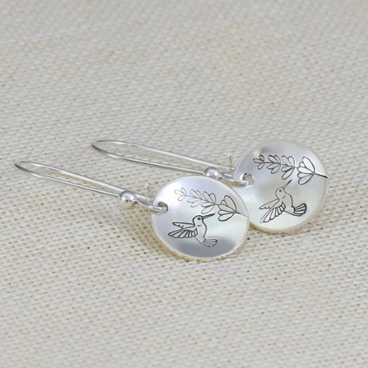 Engraved Hummingbird Branch Dangle Earrings
