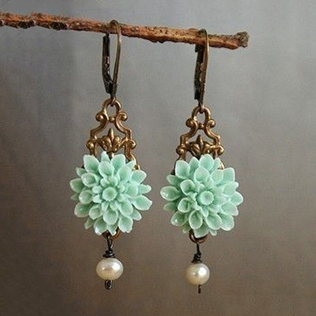 Boho Floral Turquoise Earrings with Pearl Drops