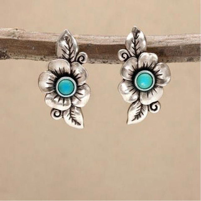 Boho Earrings with Turquoise Blue Stone and Floral Motif