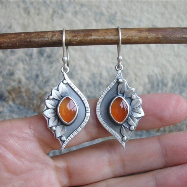 Boho Earrings with Carnelian Stone and Floral Design