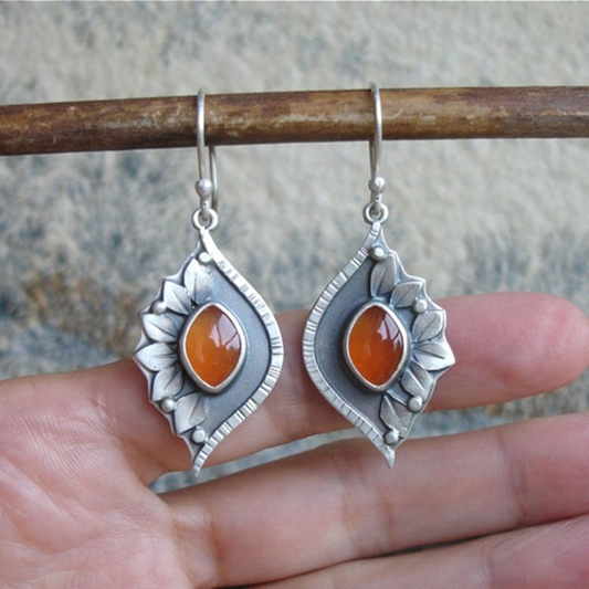 Boho Earrings with Carnelian Stone and Floral Design