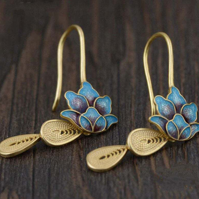 Boho Lotus Flower Earrings with Blue Enamel Details