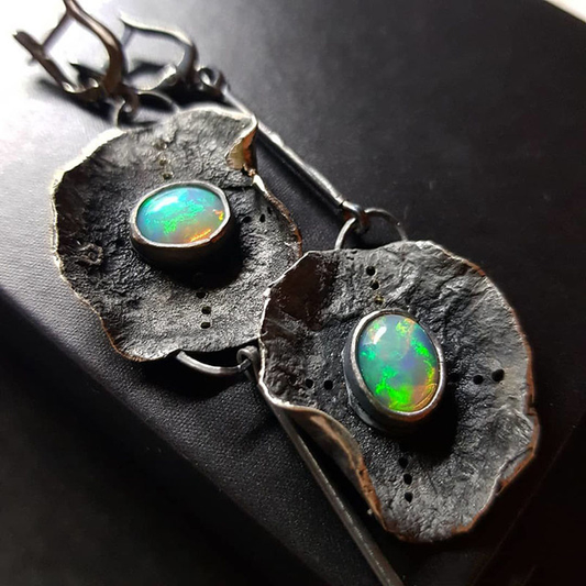 Boho Blackened Metal Opal Earrings with Fascinating Green
