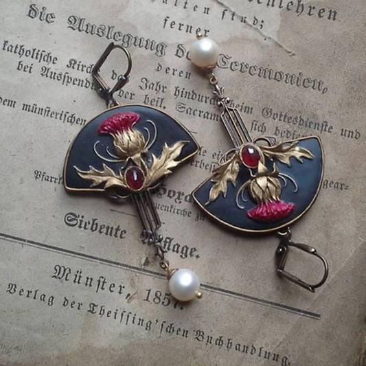 Vintage thistle-enamel earrings with pearls and red stones