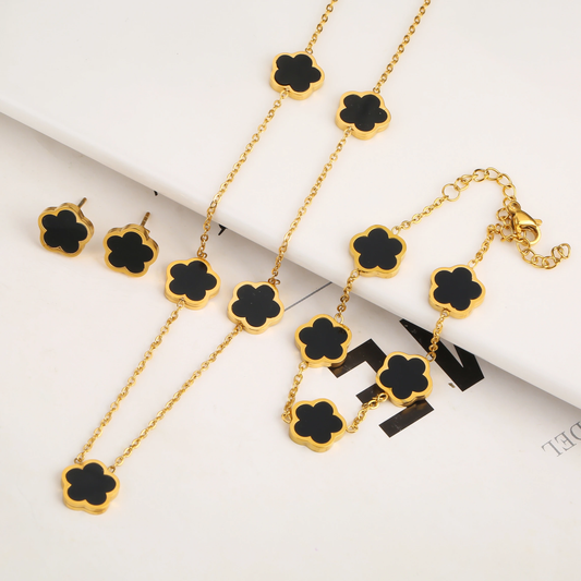 Elegant Clover-Shaped Jewelry Set with Colored Stone Inlay