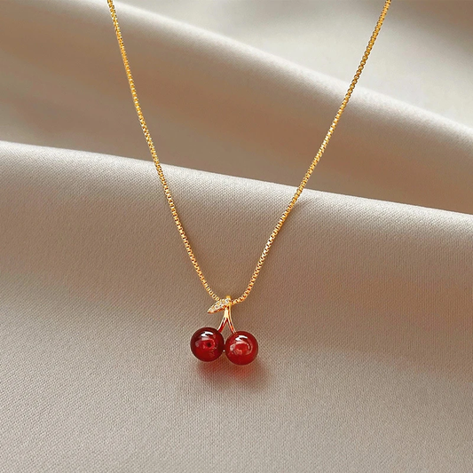 Elegant Cherry Necklace with Sparkling Leaves and Red Pendants