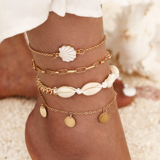 Multi-layered shell ankle bracelet set with charms for the summer