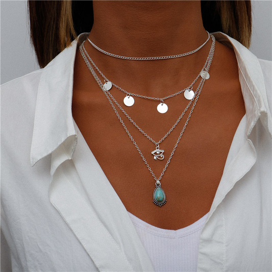 Layered Statement Necklace with Turquoise Drops and Eye of Horus