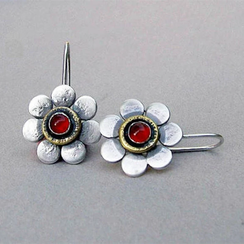 Flower earrings with red crystal cabochon stones