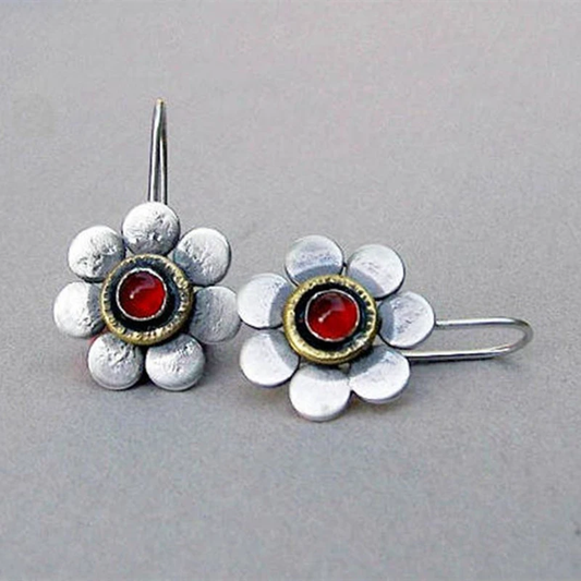 Flower earrings with red crystal cabochon stones
