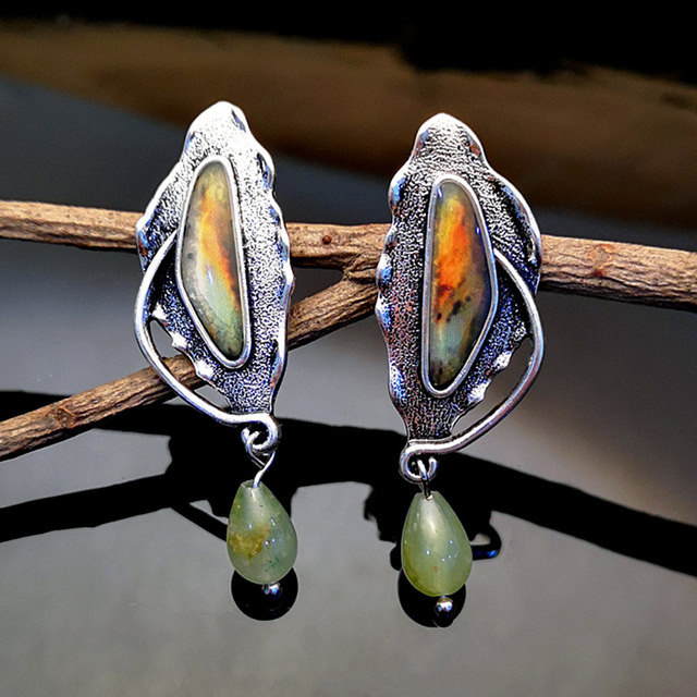 Vintage earrings with labradorite and prehnite