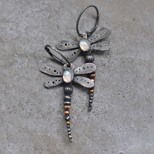 Vintage-style dragonfly earrings with moonstone and metal beads
