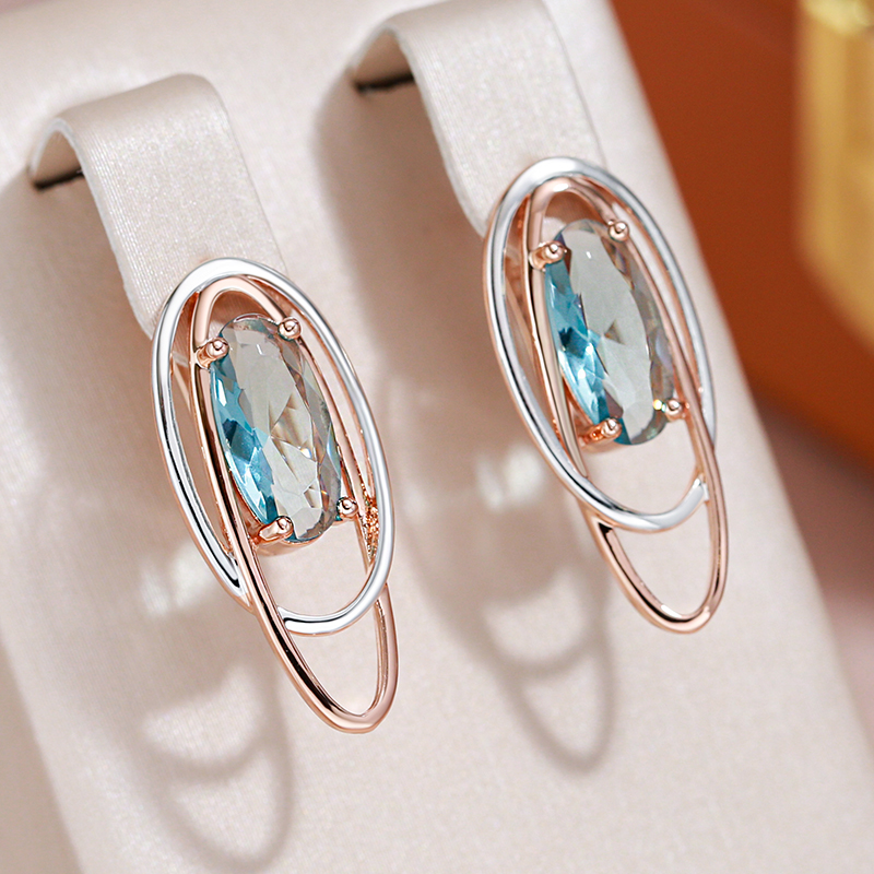 Two-Tone Earrings with Blue Cubic Zirconia, Elegant Design