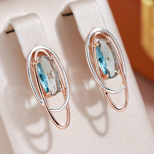 Two-Tone Earrings with Blue Cubic Zirconia, Elegant Design