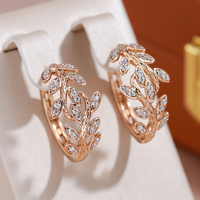 Elegant Rose Gold Earrings with Brilliant Cubic Zirconia Leaves