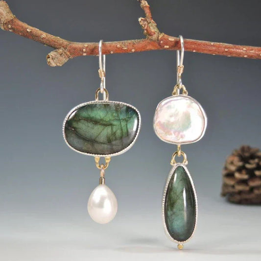 Elegant Labradorite Earrings with Pearls and Natural Stone Details