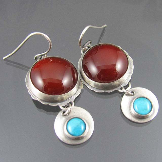 Vintage earrings with red agate and turquoise stones