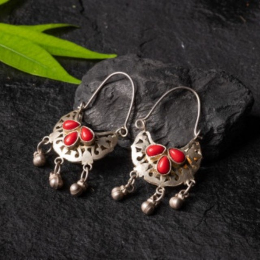 Vintage filigree earrings with red coral stones and bells