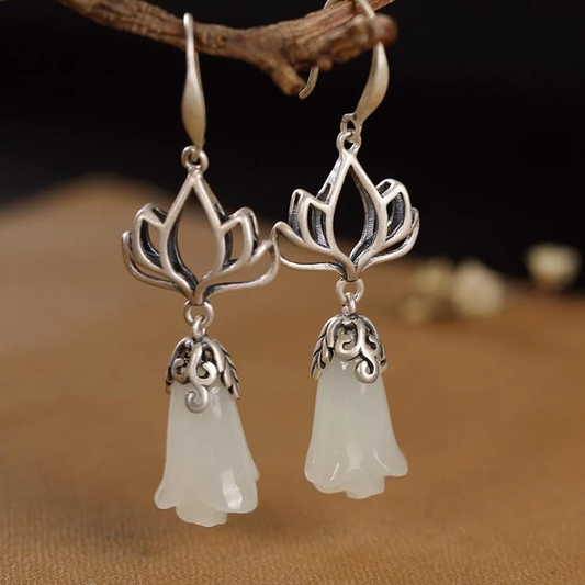 Vintage lotus jade earrings for women with a floral design