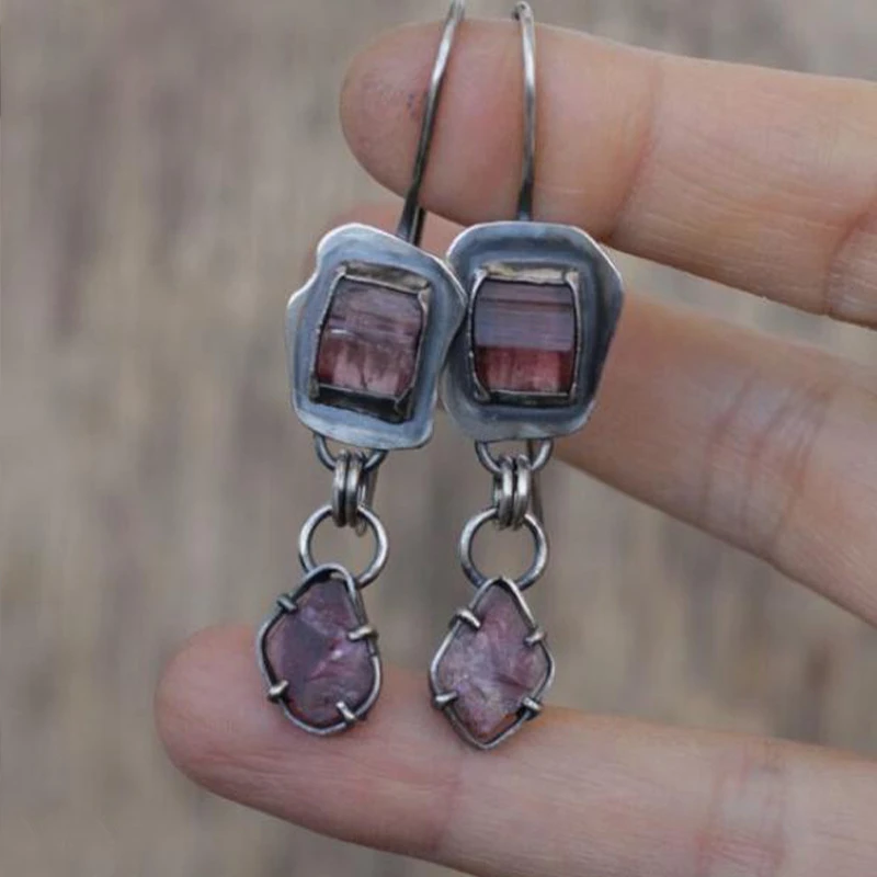 Boho Earrings with Raw Natural Pink Tourmaline Crystals
