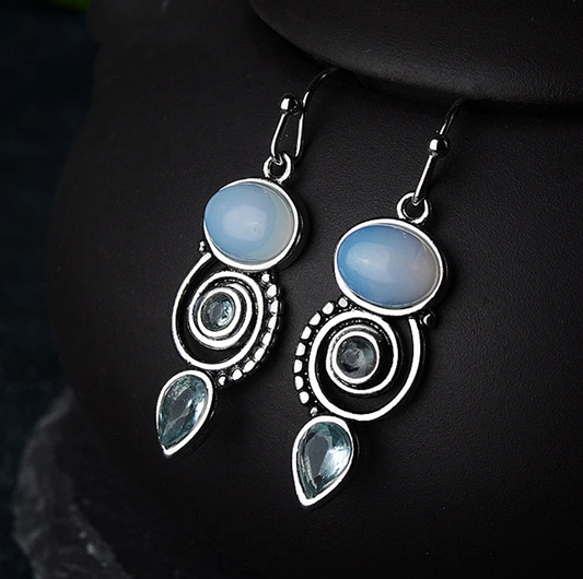 Boho Vintage Earrings with Opal Stone Drops and Blue Cubic Zirconia