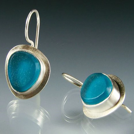 Boho-Chic Earrings with Ocean Blue Teardrop Glass Cabochon