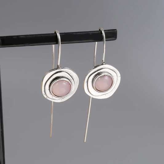 Boho Vintage Earrings with Pink Cabochon and Ornate Details