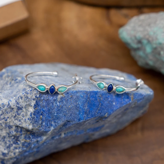 Hoop earrings with lapis lazuli and turquoise stones