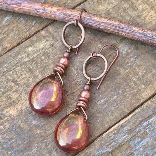 Copper-Tone Earrings with Sparkling Vintage Crystal Drops
