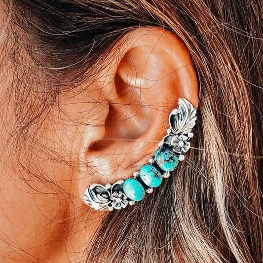 Leaf Design Ear Cuff with Turquoise Blue Stones and Floral Details