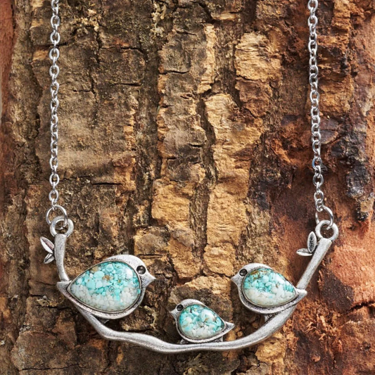 Bird on a Branch Pendant Necklace with Delicate Turquoise Stones