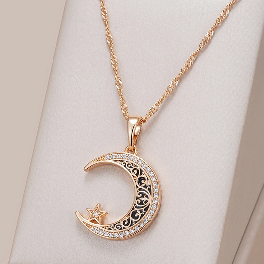 Women's Necklace with Sparkling Cubic Zirconia Star and Moon Pendant