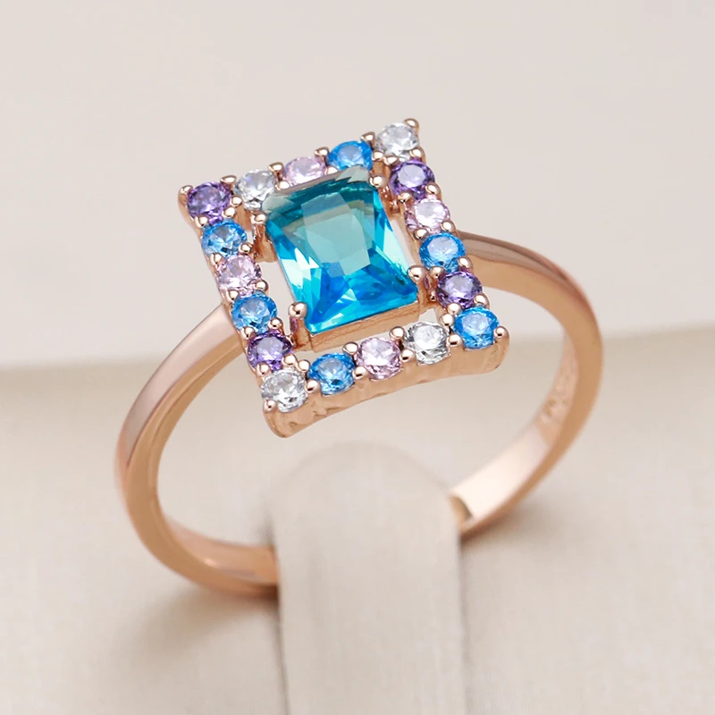 Elegant Cube-Cut Ring with Blue Cubic Zirconia