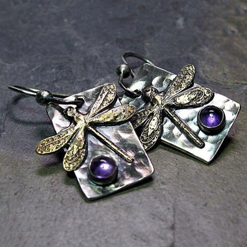Rustic dragonfly earrings with sparkling amethyst details