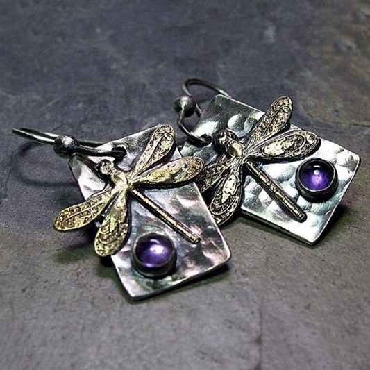 Rustic dragonfly earrings with sparkling amethyst details