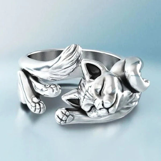 Adjustable Stainless Steel Ring — Sleeping Cat Design