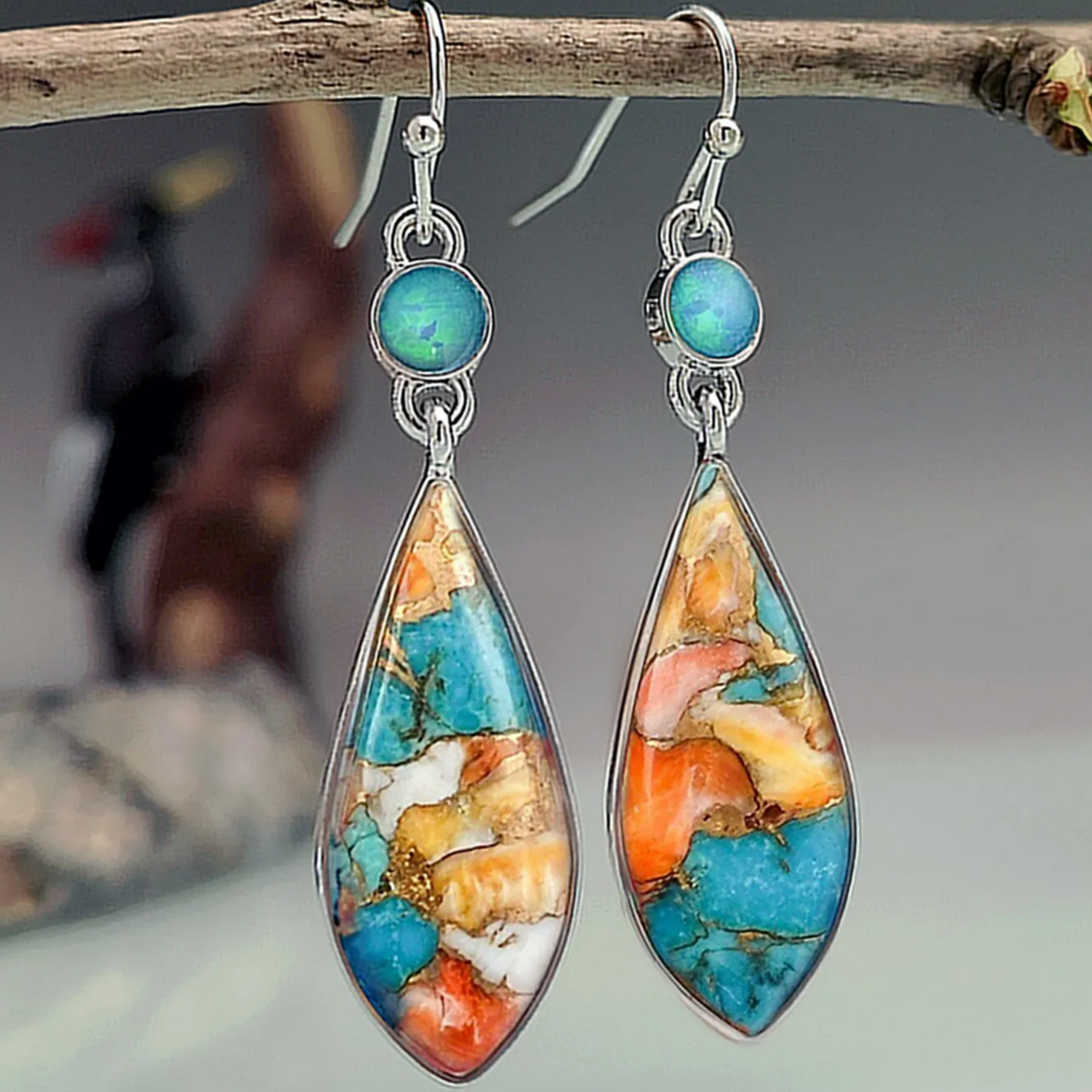 Vintage teardrop earrings with turquoise and spiny oyster stones