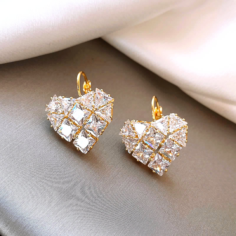 Heart-shaped earrings with sparkling cubic zirconia and elegant square stones